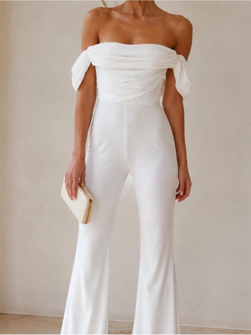 Club L London Off-Shoulder White Jumpsuit with Flared Legs